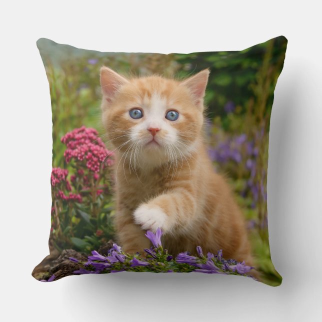 Cute ginger kitten in a garden throw pillow (Front)