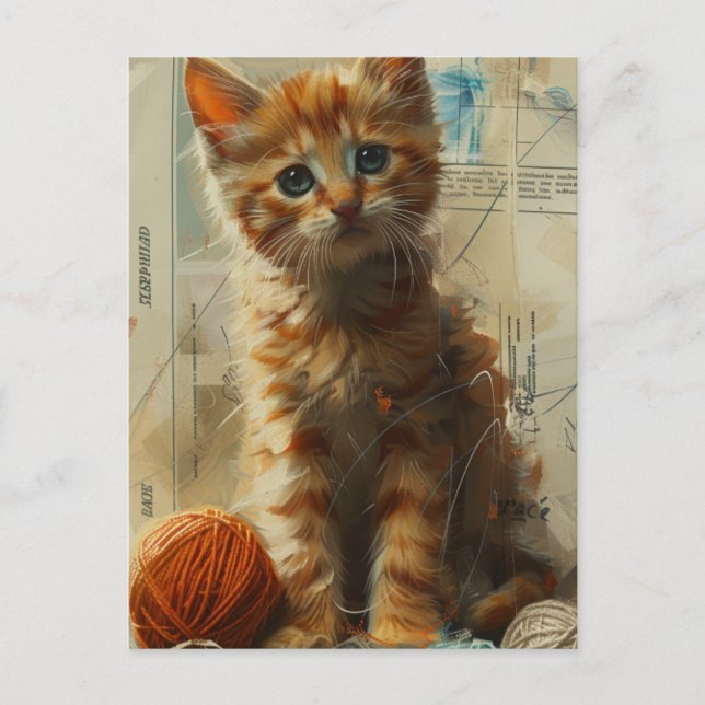 Cute Ginger Kitten in Yarn Collage Postcard (Front)
