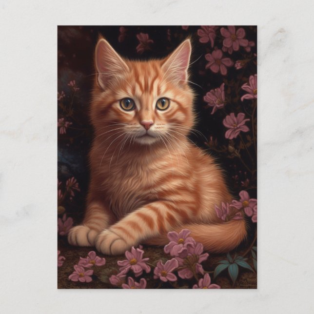 Cute Ginger Kitten Pink Flowers Postcard (Front)