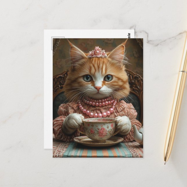 Cute Ginger Kitty Dressed in Pink at Tea Postcard (Front/Back In Situ)