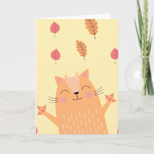 Cute Ginger Orange Cat Playing in Autumn Leaves Card