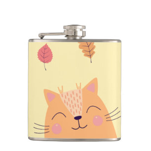 Cute Ginger Orange Cat Playing in Autumn Leaves Hip Flask