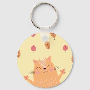 Cute Ginger Orange Cat Playing in Autumn Leaves Keychain