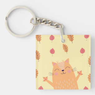 Cute Ginger Orange Cat Playing in Autumn Leaves Keychain
