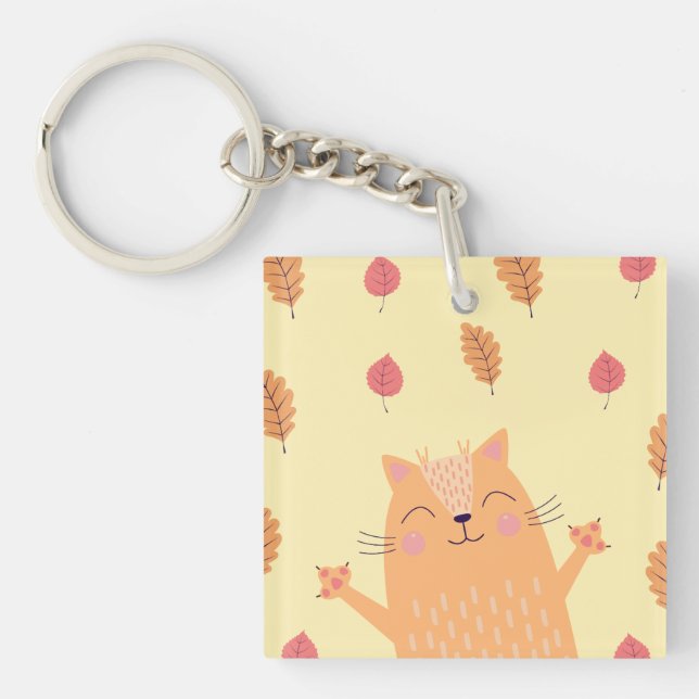 Cute Ginger Orange Cat Playing in Autumn Leaves Keychain (Front)