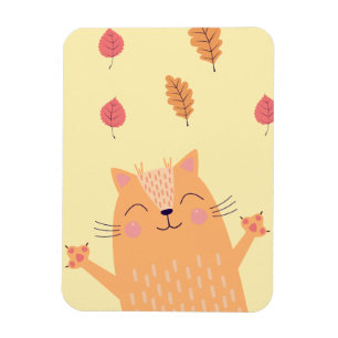 Cute Ginger Orange Cat Playing in Autumn Leaves Magnet