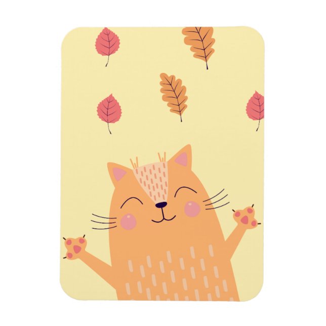 Cute Ginger Orange Cat Playing in Autumn Leaves Magnet (Vertical)