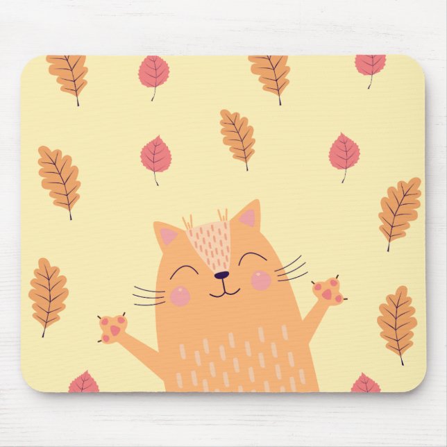 Cute Ginger Orange Cat Playing in Autumn Leaves Mouse Pad (Front)