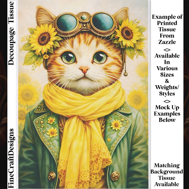 Cute Ginger Sunflower Steampunk Cat FE6 Decoupage Tissue Paper (Creator Uploaded)