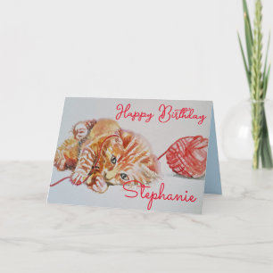 Cute Ginger Tabby Cat Playing Wool Birthday Card