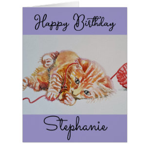Cute Ginger Tabby Cat Playing Wool Birthday Card