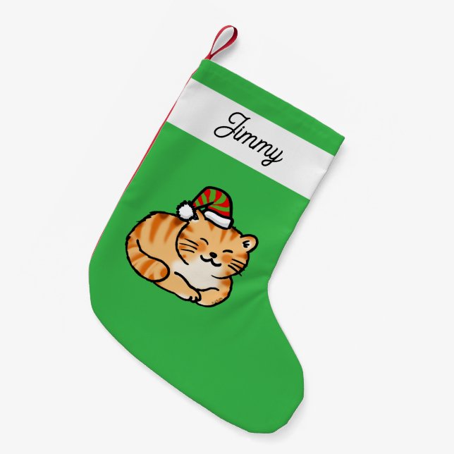 Cute Ginger Tabby Cat with Custom Name Small Christmas Stocking (Front (Hanging))