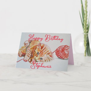 Cute Ginger Tabby Chat Jouer Laine Carte Anniversa