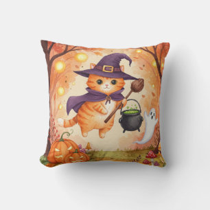 Cute Ginger Witch Cat Halloween Pillow