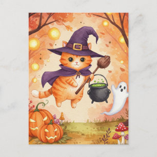 Cute Ginger Witch Cat Halloween Postcard