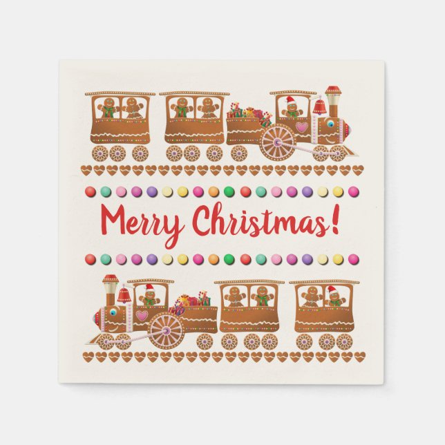 Cute Gingerbread Christmas Trains Napkin (Front)