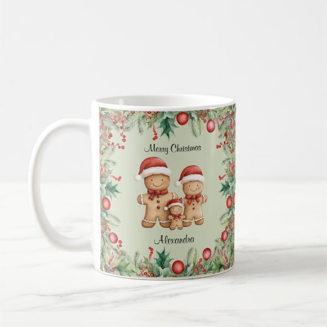 Cute Gingerbread Cookie Family Christmas Coffee Mug (Left)