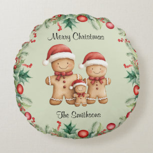 Cute Gingerbread Cookie Family Christmas Round Pillow