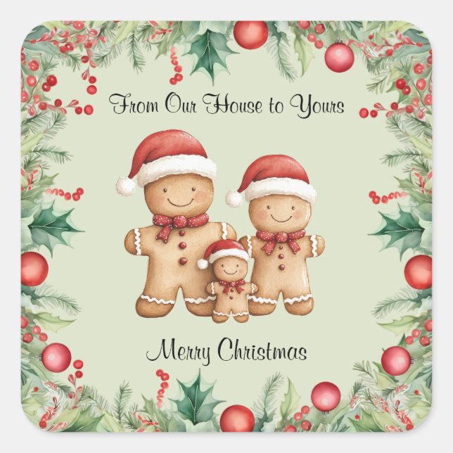 Cute Gingerbread Cookie Family Christmas Square Sticker (Front)
