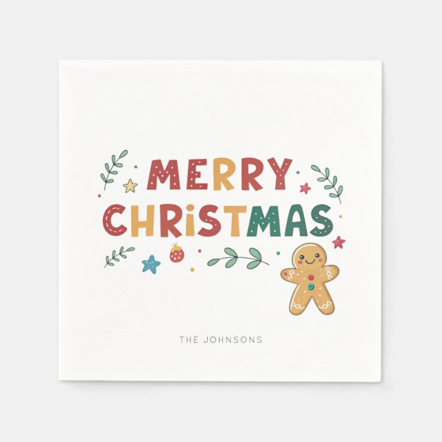 Cute Gingerbread Cookie Personalized Christmas  Napkin (Front)