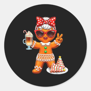 Cute Gingerbread Drinking Coffee Christmas Tree Ca Classic Round Sticker