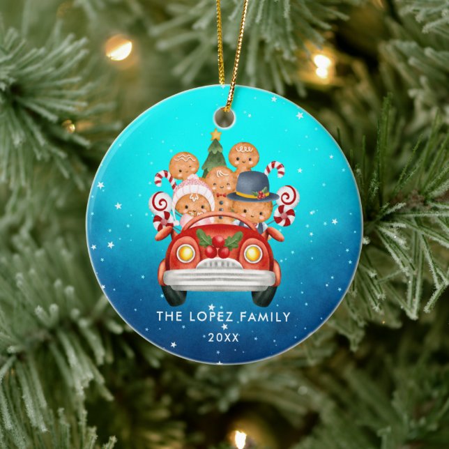 Cute Gingerbread Family of 5 in Red Car  Ceramic Ornament (Tree)