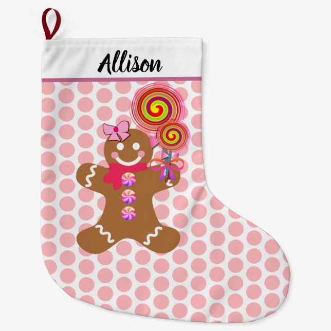 Cute Gingerbread Girl Pink Polka Dots Personalized Large Christmas Stocking (Front)
