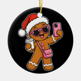 Cute Gingerbread Girl Selfie Iced Coffee Christmas Ceramic Ornament