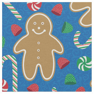 Cute Gingerbread Gumdrops Candy Cane on Blue Fabric
