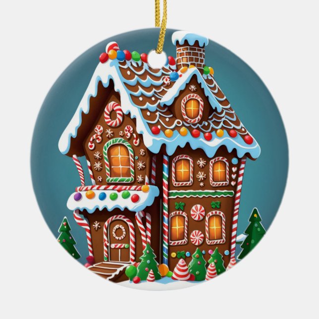 Cute Gingerbread House Ceramic Ornament (Front)