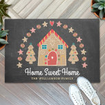 Cute Gingerbread House Home Sweet Home Chalkboard Doormat<br><div class="desc">“Home Sweet Home”. Decorate your entryway in “style” with this unique, fun custom personalized name holiday welcome mat! A cute, whimsical gingerbread house, cookie trees, stars, hearts, candies, and playful script typography, overlay a dark charcoal grey chalkboard background. Add your family name or other copy. Matching cards, stickers, ornaments, mugs,...</div>
