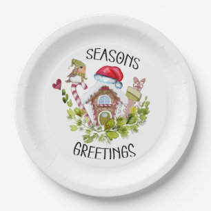 Cute Gingerbread House Seasons Greetings Christmas Paper Plate