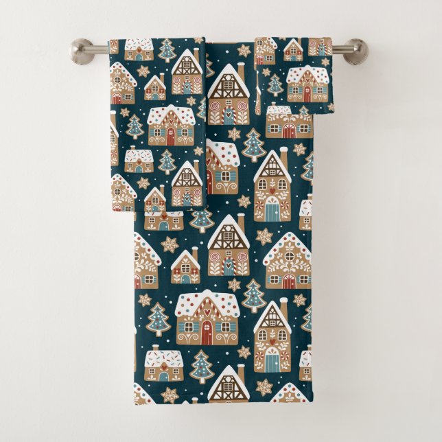 Cute Gingerbread Houses & Cookies Blue Christmas  Bath Towel Set (Insitu)