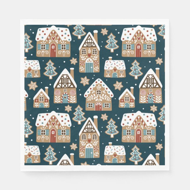 Cute Gingerbread Houses & Cookies Blue Christmas  Napkin (Front)