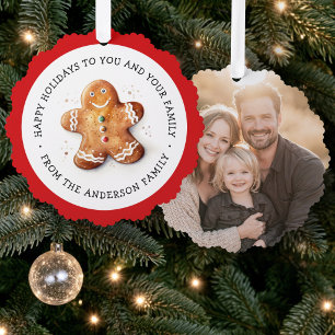 Cute gingerbread man and photo happy holidays ornament card