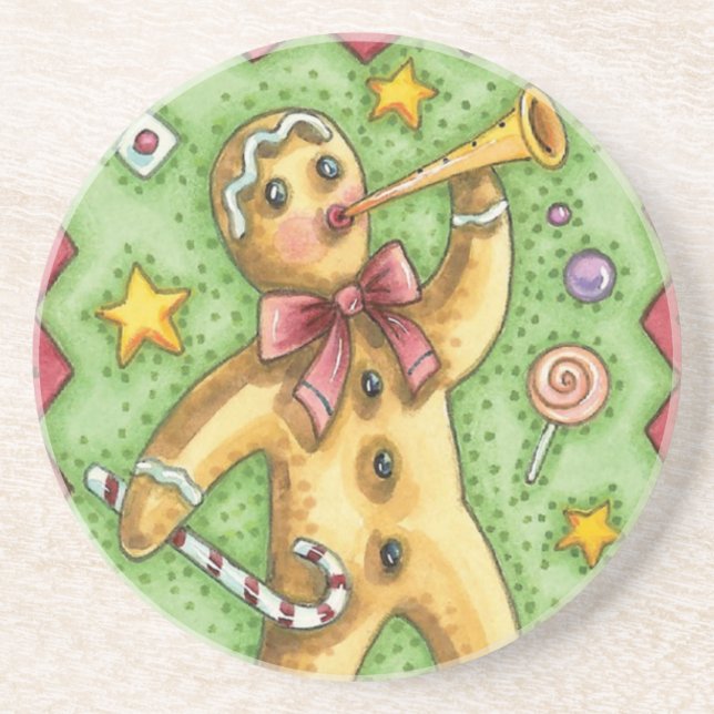Cute Gingerbread Man Blowing Horn, Christmas Candy Coaster (Front)