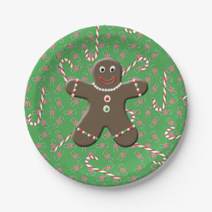 Cute Gingerbread Man Boy Christmas Candy Canes Paper Plate