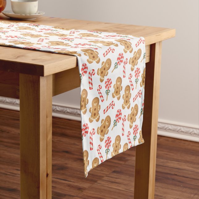 Cute Gingerbread Man Candy Canes Holiday Pattern Short Table Runner (In Situ)