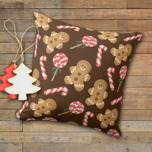 Cute Gingerbread Man Candy Canes Holiday Pattern Throw Pillow