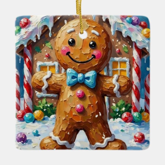Cute Gingerbread Man Cheerful Christmas Cookie Art Ceramic Ornament (Front)