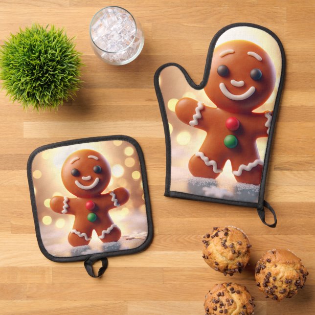 Cute gingerbread man cookie oven mitt & pot holder set (Top Down)
