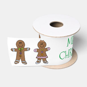 Cute Gingerbread Man & Girl Merry Christmas Custom Satin Ribbon
