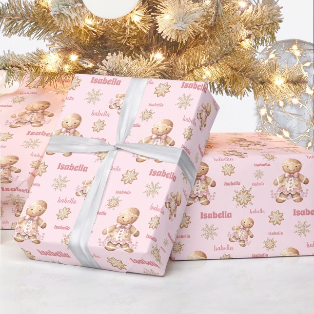Cute Gingerbread Man Girl Pink Name Christmas Wrapping Paper (Cute Gingerbread Man Girl Pink Name Christmas Wrapping Paper)