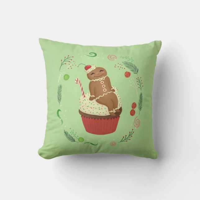 Cute Gingerbread Man Green Throw Pillow (Front)