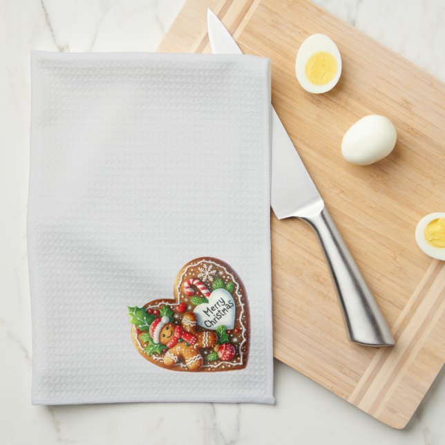 Cute Gingerbread Man Heart Merry Christmas  Kitchen Towel (Quarter Fold)
