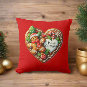 Cute Gingerbread Man Heart Merry Christmas Red Throw Pillow