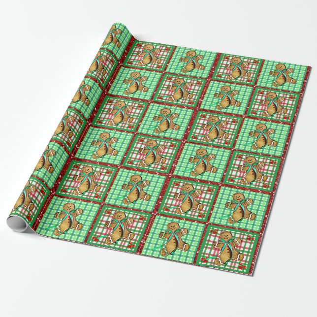 Cute Gingerbread  Man Patches Christmas Gift Wrap (Unrolled)