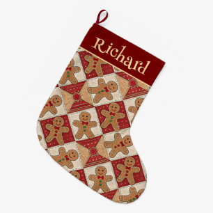 Cute Gingerbread Man Patchwork Pattern Style Large Christmas Stocking