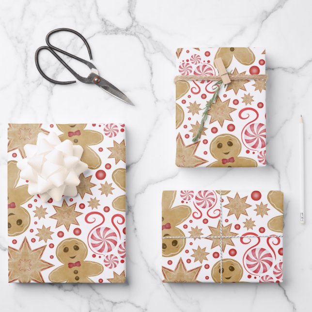 Cute Gingerbread Man & Peppermint Candy Christmas Wrapping Paper Sheet (Front)