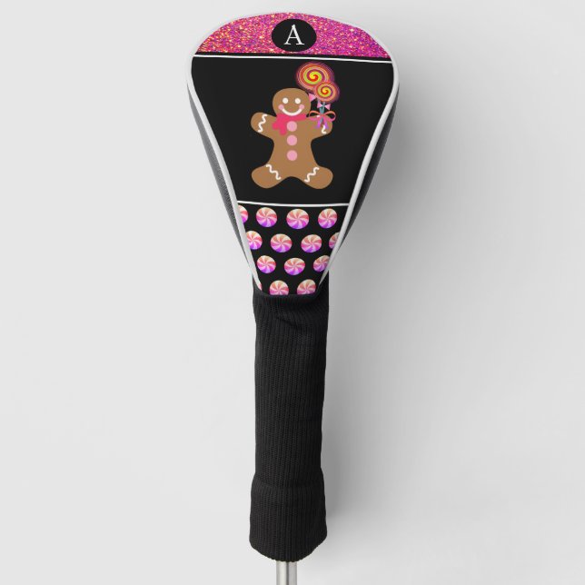 Cute Gingerbread Man Pink Glitter Monogrammed Golf Head Cover (Front)